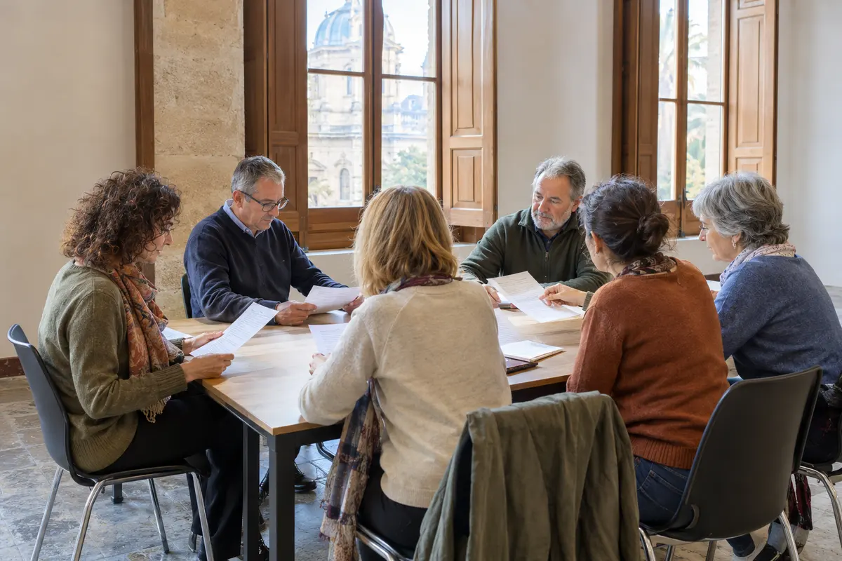 Seis personas adultas leen fichas alrededor de una mesa del aula, junto a una ventana alta